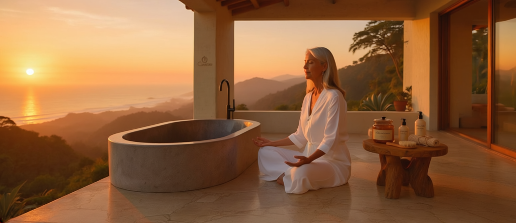 Una fotografía fotorrealista de alta resolución que captura a una mujer de mediana edad con cabello plateado y expresión de paz absoluta, meditando en postura de loto sobre una terraza de piedra natural integrada en un paisaje virgen de montañas mexicanas al atardecer. Viste ropa de lino blanco fluido. La escena evoca inmersión total, reconexión energética y lujo orgánico, sin elementos urbanos. El logotipo sutil de Cuatro Cuatro (C4C4) está visible en la arquitectura.