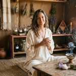 "Cuatro, mujer de 33 años que representa el bienestar holístico, sentada en un ritual de pausa místico. En la escena de misticismo orgánico se aprecian herramientas de transmutación como copal, cristales y velas, integrando los elementos tierra, agua, aire y fuego en un ambiente artesanal mexicano de Alquimia Cuatro Cuatro."