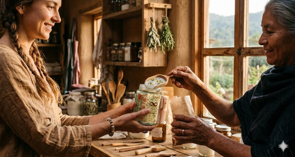 "Dos mujeres en una cocina de estilo rústico se pasan una taza de barro. La mujer de la izquierda, con una trenza y un vestido marrón, sonríe a la otra mujer, que tiene el pelo canoso y un pañuelo azul marino. Hay varios estantes de madera detrás de ellas cargados de frascos y plantas. Al fondo se ve una ventana de madera con vistas a un paisaje de montañas."
(Source not provided, description based on image)