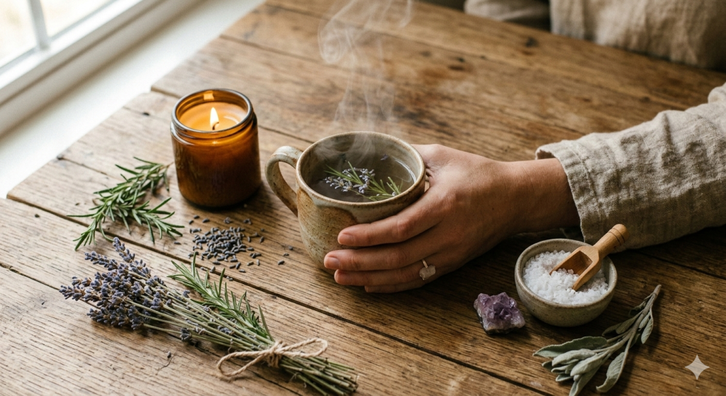 "Vista en plano cenital de una mano de mujer con anillo artesanal sosteniendo una taza de cerámica con infusión botánica humeante. La taza está sobre una mesa de madera rústica, rodeada de elementos de bienestar holístico como lavanda seca, romero fresco, una vela de soja encendida en frasco ámbar, un cuenco con sales orgánicas y un cristal de amatista. Atmósfera de calma y ritual."