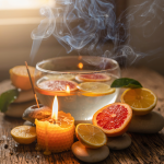 Altar de aromaterapia cítrica con aceites esenciales, limones, bergamotas, vela encendida y agua, representando los cuatro elementos para subir el ánimo.