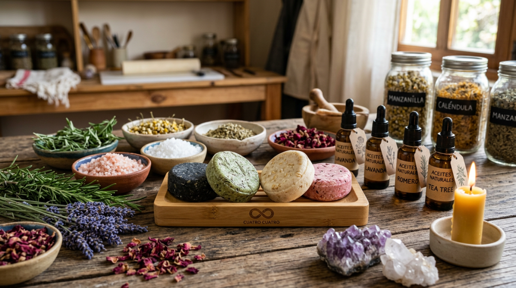 Fotografía holística de barras de shampoo sólido sin sulfatos de Cuatro Cuatro en una mesa de madera con ingredientes naturales como romero, rosas, lavanda, sales de Colima, cuarzos y aceites esenciales junto a velas intencionadas.