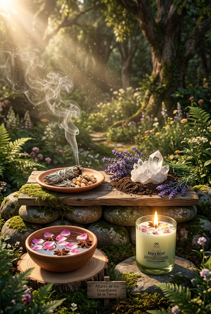 "Altar holístico al aire libre para la consagración del espacio, con los 4 elementos (tierra, agua, aire, fuego), velas de Cuatro Cuatro y cristales. Representación de misticismo orgánico y limpieza energética para vibrar en cuatro."