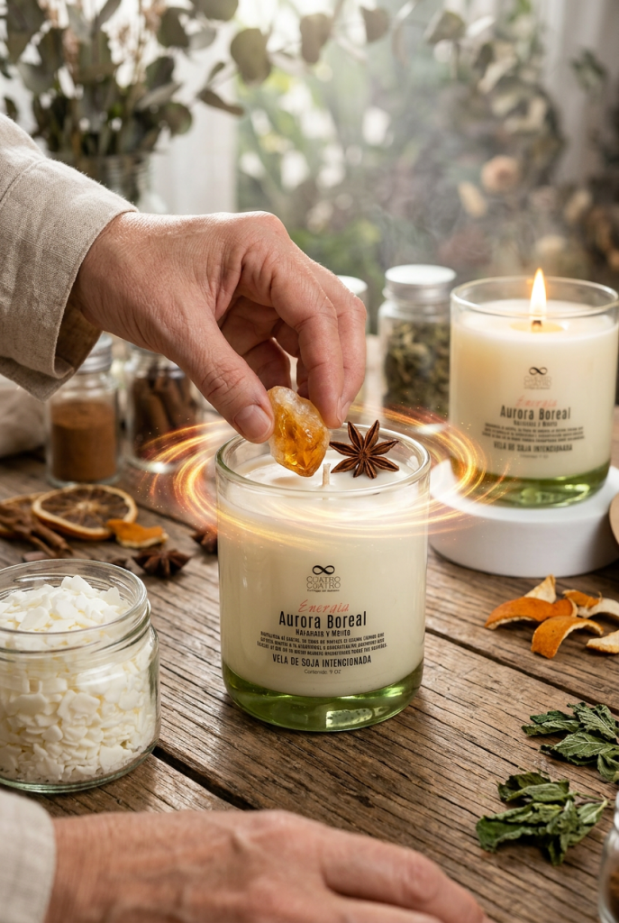 "Alquimia Cuatro Cuatro: Manos artesanales colocando un cuarzo citrino y anís estrella en la cera de soja fundida para crear la vela Aurora Boreal. La imagen muestra la potencialización de la energía de la vela con elementos naturales y misticismo orgánico sobre una mesa rústica."