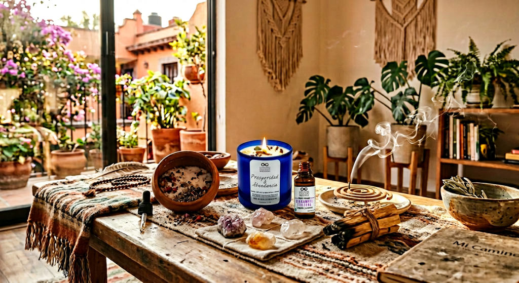Un altar holístico artesanal y bohemio de cuatrocuatro.com.mx en un santuario soleado. Presenta una vela de soya 'Equilibrio' encendida, cristales en rejilla, un tazón de sales de baño usado y Palo Santo quemándose, visualizando armonía, energía y luz en el hogar.
