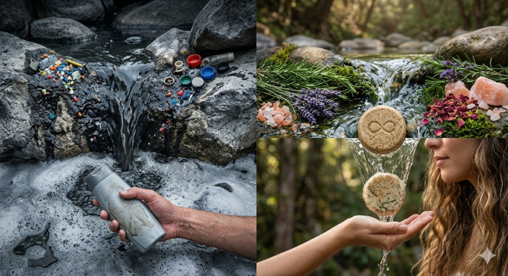 Mujer latina en un bosque sosteniendo barras de shampoo sólido de Cuatro Cuatro junto a una fuente de agua natural, rodeada de plantas de lavanda, romero y rosas, simbolizando el ciclo de nutrición botánica y la higiene consciente que regenera la tierra.