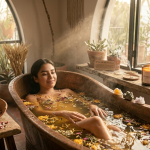 Una mujer realiza un ritual de abundancia mística flotando en una tina de cobre con sales de baño artesanales con pétalos de rosa y caléndula de cuatrocuatro.com.mx, rodeada de cristales como citrino y pirita, una vela encendida y luz solar de la hora dorada. Visualización de la inmersión en la prosperidad.