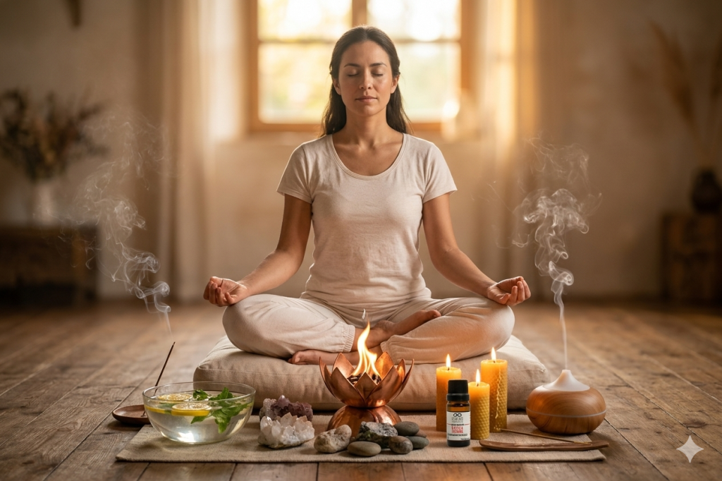 Mujer meditando en paz frente a un altar con los cuatro elementos (fuego, agua, tierra, aire) y una botella de Aceite Esencial de Menta Piperita Cuatro Cuatro para concentración.