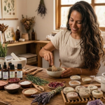 Mujer latina artesana elaborando fórmulas de shampoo sólido sin sulfatos en un taller holístico con velas de soya intencionadas, aceites esenciales y plantas medicinales de Cuatro Cuatro.