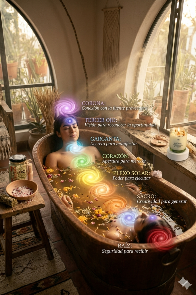 Ritual de abundancia y alineación de chakras con productos de cuatrocuatro.com.mx. Se muestra la activación energética en un baño ritual con sales artesanales y velas intencionadas en un ambiente místico y relajante.