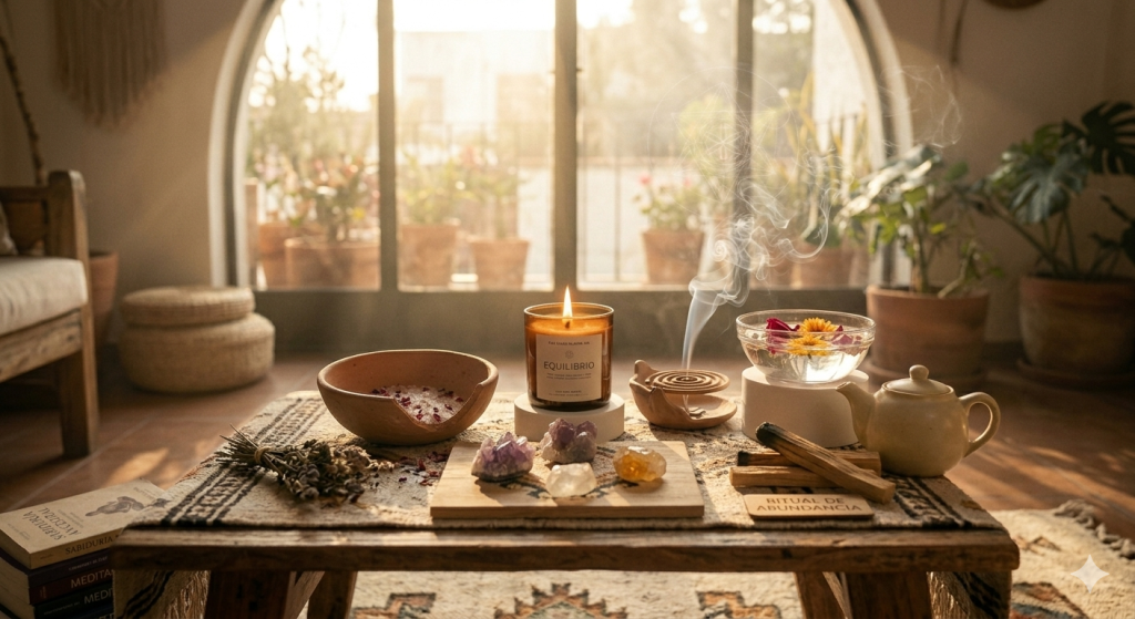 Altar holístico perfectamente equilibrado de cuatrocuatro.com.mx iluminado por luz solar natural. La composición incluye los cinco elementos: una vela de soya 'Equilibrio' encendida (Fuego), un cuenco de cristal con agua y flores flotantes (Agua), incienso en espiral y palo santo liberando humo etéreo (Aire), cuarzos amatista y citrino sobre madera rústica (Tierra), y un cuenco artesanal con sales de baño y pétalos. El ambiente proyecta paz, armonía y misticismo para rituales de bienestar.