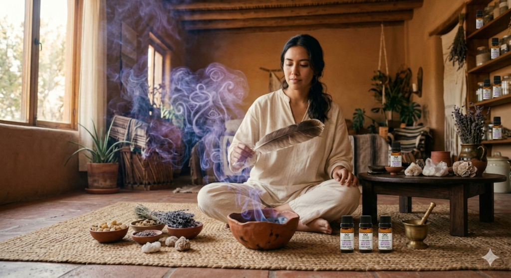 Un ritual de aromacología mística en un santuario artesanal de cuatrocuatro.com.mx. Una mujer en túnica de lino interactúa con un difusor de barro que emite una nube de vapor energética con símbolos sagrados, rodeada de Palo Santo, cuarzos y plantas. Visualización de la alquimia del bienestar.