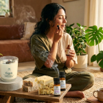 Una mujer realiza un ritual de bienestar holístico en casa, rodeada de elementos naturales como plantas, cristales, incienso y una vela artesanal de cuatrocuatro.com.mx. La imagen visualiza cómo aplicar el cuidado integral de mente, cuerpo y espíritu en la vida diaria.