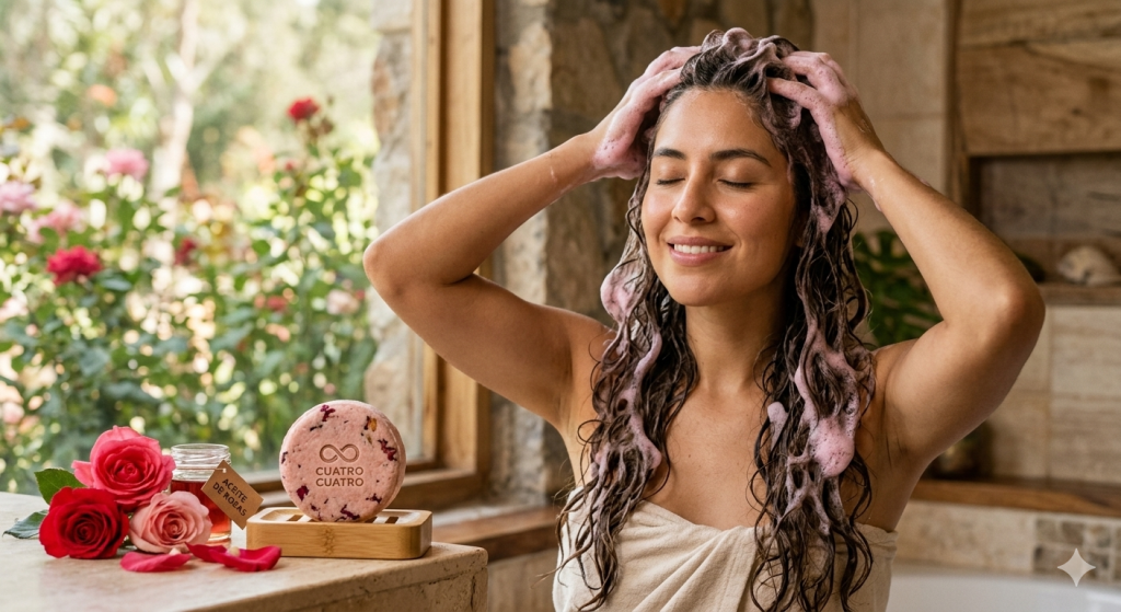 Mujer latina disfrutando de un ritual de lavado con shampoo sólido de rosas de Cuatro Cuatro, mostrando una expresión de gratitud y calma mientras la espuma rosa natural nutre su cabello saludable en un entorno de bienestar holístico.