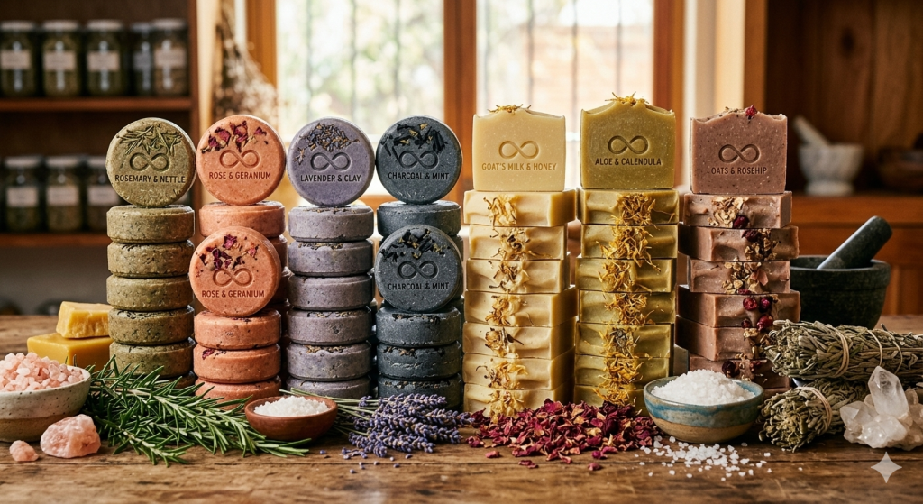 Bodegón artesanal de Cuatro Cuatro mostrando múltiples pilas de barras de shampoo sólido y jabones naturales de herbolaria, expuestos sobre una mesa de madera rústica con sus ingredientes botánicos crudos como lavanda, romero, rosas y sales naturales, en un taller iluminado con luz natural.