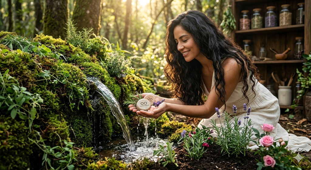 Mujer latina disfrutando de un ritual de lavado con shampoo sólido de rosas de Cuatro Cuatro, mostrando una expresión de gratitud y calma mientras la espuma rosa natural nutre su cabello saludable en un entorno de bienestar holístico.