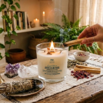 Ritual de limpieza energética en casa con vela de soya intencionada "Abrecaminos" encendida, acompañada de cuarzos amatista, palo santo, ramillete de salvia blanca y sal de grano sobre una mesa de madera rústica.