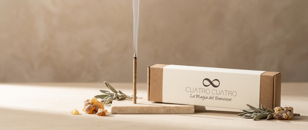"Guía visual para elegir inciensos naturales vs comerciales identificando humo blanco, ingredientes puros y empaque artesanal de Cuatro Cuatro Wellness Center."