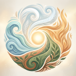 Ilustración artística y minimalista de los 4 elementos de bienestar holístico en forma de mandala circular para Cuatro Cuatro. Muestra de forma fluida el agua en ondas azules, el aire en espirales blancas, la tierra en hojas verdes y raíces marrones, y el fuego en llamas doradas y naranjas, todos transmutando e integrándose alrededor de un sol central brillante sobre un fondo color arena claro.