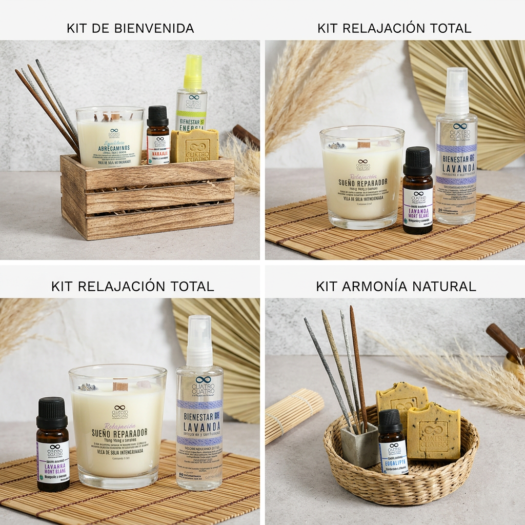 Collage de cuatro kits de bienestar holístico de Cuatro Cuatro para el autocuidado. El cuadrante superior izquierdo muestra el "Kit de Bienvenida" en una caja de madera con una vela Abrecaminos, inciensos y jabón artesanal. El cuadrante superior derecho e inferior izquierdo presentan el "Kit Relajación Total" con una vela Sueño Reparador, aceite esencial y spray de Lavanda sobre un tapete de bambú. El cuadrante inferior derecho destaca el "Kit Armonía Natural" en una canasta de mimbre con inciensos de eucalipto y barras de jabón orgánico.