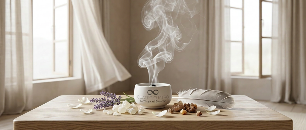 "Espacio armonizado para un ritual de aire con copal, mirra, flores y sahumado natural en Cuatro Cuatro Wellness Center."