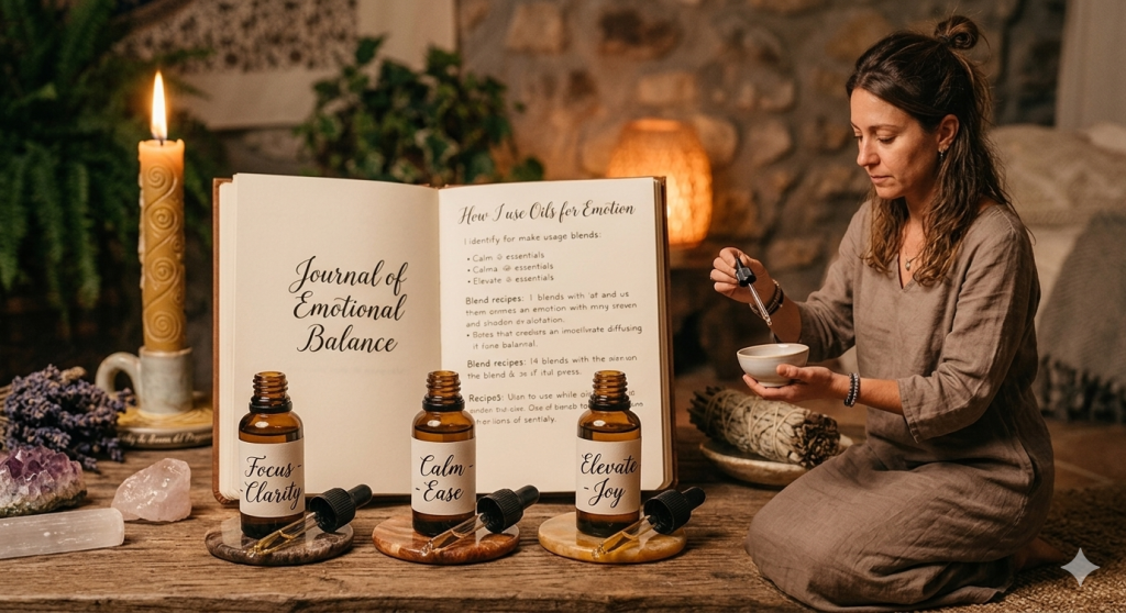 Mujer en un espacio de bienestar holístico preparando una mezcla de aromaterapia. En primer plano sobre una mesa de madera rústica se observan tres frascos de aceites esenciales ámbar con goteros sobre bases de piedra, etiquetados como Focus-Clarity, Calm-Ease y Elevate-Joy. Al fondo, un libro abierto titulado Journal of Emotional Balance y una vela encendida completan la escena de equilibrio emocional.