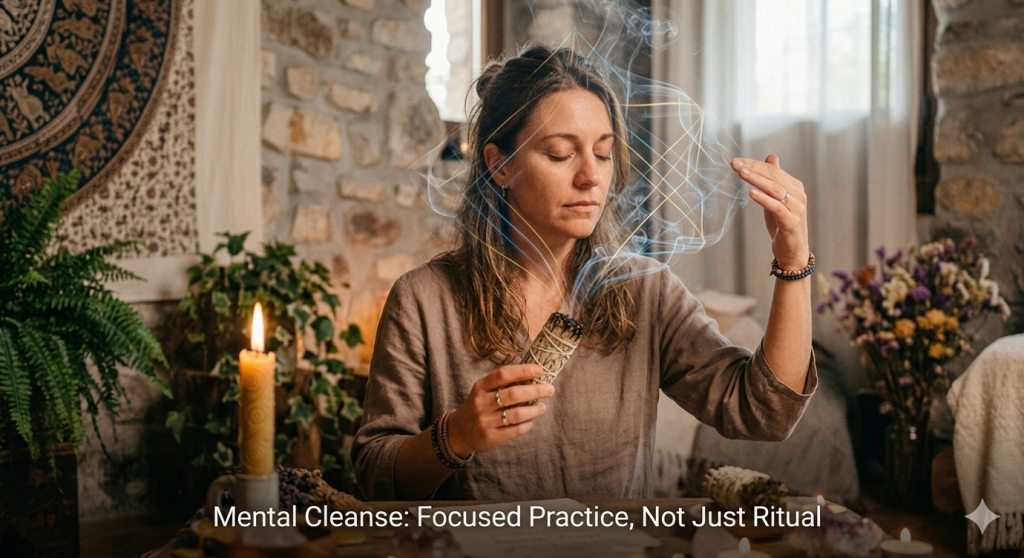 Mujer en un entorno holístico realizando una práctica de sahumerio para la limpieza mental. Con los ojos cerrados y una expresión de serenidad, sostiene un atado de hierbas sagradas humeante del que se desprenden sutiles líneas de luz dorada y humo blanco que envuelven su rostro, en un ambiente armonizado con una vela encendida y texturas rústicas.