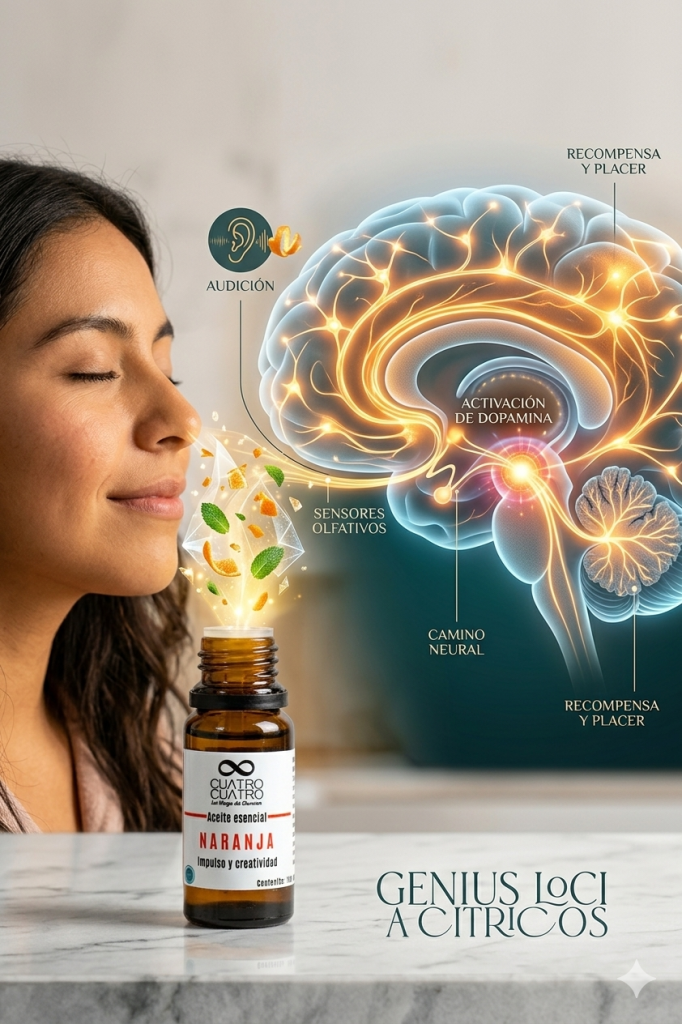 Infografía de una mujer inhalando el aroma de un aceite esencial de naranja de Cuatro Cuatro, mostrando un diagrama del cerebro humano iluminado que ilustra la activación de dopamina, los sensores olfativos y las vías neuronales del bienestar.