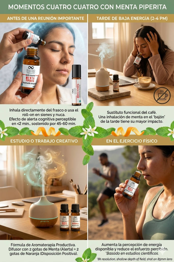 Infografía titulada "Momento Cuatro Cuatro con Menta Piperita" que detalla cuatro escenarios de uso: antes de una reunión importante (aplicación en sienes), en la tarde de baja energía (inhalación en el escritorio como sustituto del café), durante el estudio o trabajo creativo (difusor combinando menta y naranja) y en el ejercicio físico (inhalación directa para aumentar la energía).