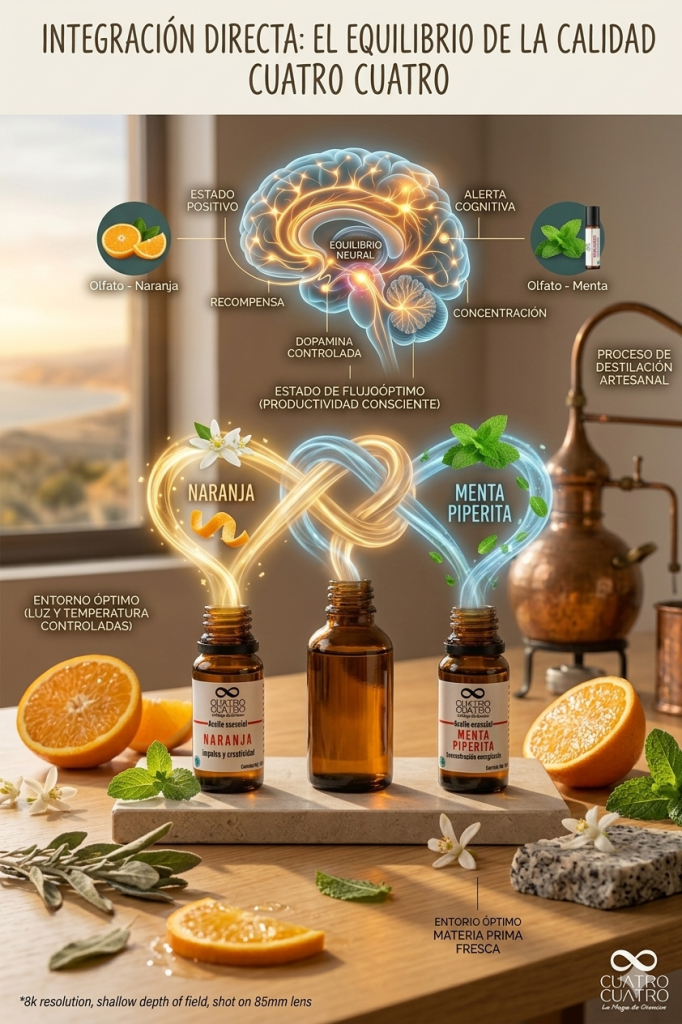 Infografía de Cuatro Cuatro titulada "Integración Directa: El Equilibrio de la Calidad", que ilustra la sinergia entre el aceite esencial de naranja (estado positivo) y el de menta piperita (alerta cognitiva) mezclándose en un lazo infinito de vapor hacia un diagrama cerebral que destaca el equilibrio neural, la dopamina controlada y un estado de flujo óptimo.