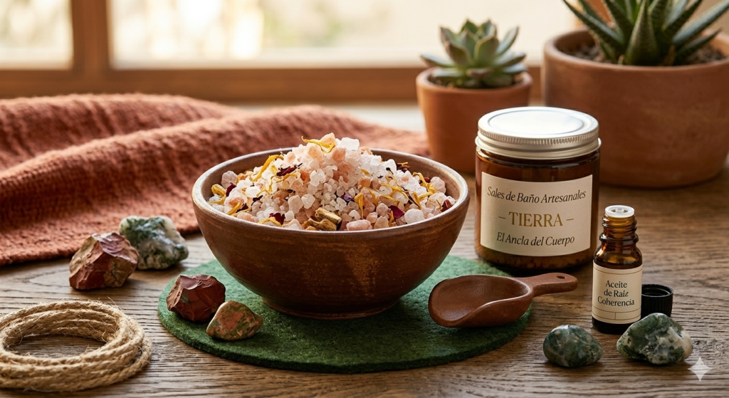 Bodegón de bienestar holístico del elemento Tierra para Cuatro Cuatro. En primer plano, un tazón de cerámica artesanal lleno de sales de baño rosadas y blancas con pétalos secos, junto a un frasco etiquetado como "Sales de Baño Artesanales - TIERRA - El Ancla del Cuerpo" y una pequeña botella de "Aceite de Raíz Coherencia". La escena sobre una mesa de madera rústica se complementa con piedras de río, una cuchara de barro, una planta suculenta y texturas orgánicas.