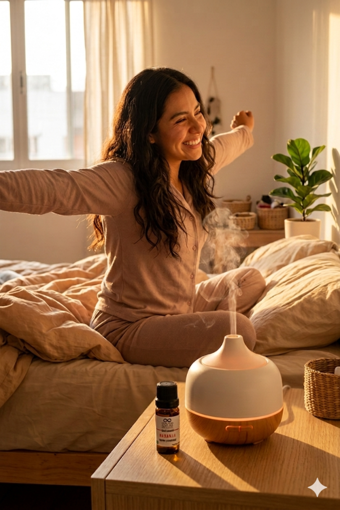 Una mujer joven de cabello oscuro se estira en su cama iluminada por el sol mientras un difusor de aroma libera vapor en una mesita de noche.