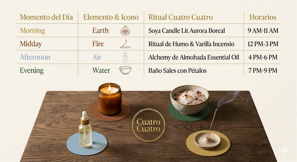 nfografía de la rutina de bienestar holístico Cuatro Cuatro estructurada por momentos del día. En la parte superior se muestra una tabla con horarios y rituales asociados a los elementos tierra, fuego, aire y agua. En la parte inferior, sobre una mesa de madera rústica, se aprecia un altar zen con una vela de soya encendida, un frasco de aceite esencial, un tazón con sales de baño y pétalos de flores, y una varilla de incienso humeante con el logotipo dorado de Cuatro Cuatro al centro.