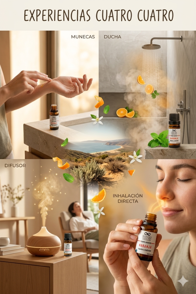 Colage infográfico titulado "Experiencias Cuatro Cuatro" que muestra cuatro métodos de uso del aceite esencial de naranja: aplicación en las muñecas, uso en la ducha con vapor y rodajas de cítricos, difusión ambiental con un difusor de madera, e inhalación directa desde el frasco por una mujer.