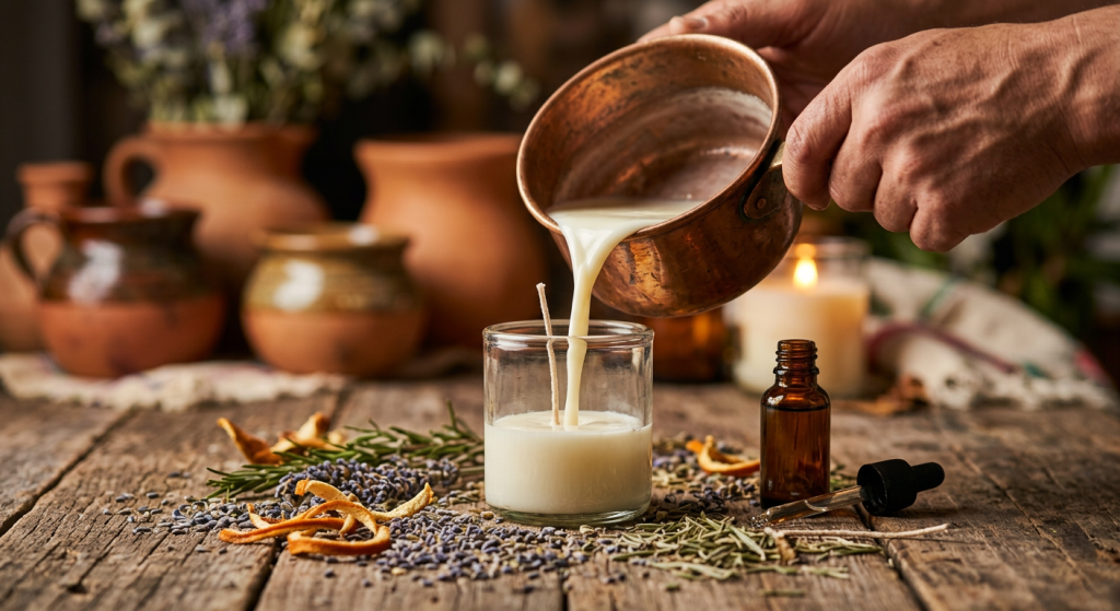 Proceso artesanal de elaboración de velas de soya en México: vertido de cera de soya fundida con aceites esenciales y botanicals naturales.