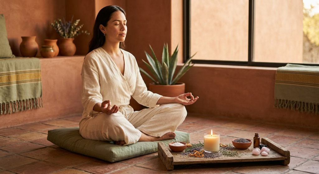 Mujer meditando junto a una vela de soya artesanal de Cuatro Cuatro en un espacio de bienestar holístico con cristales y hierbas naturales.
