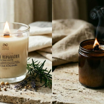 Comparativa entre una vela de soya artesanal y una vela de parafina, mostrando la diferencia en su quema y origen natural.