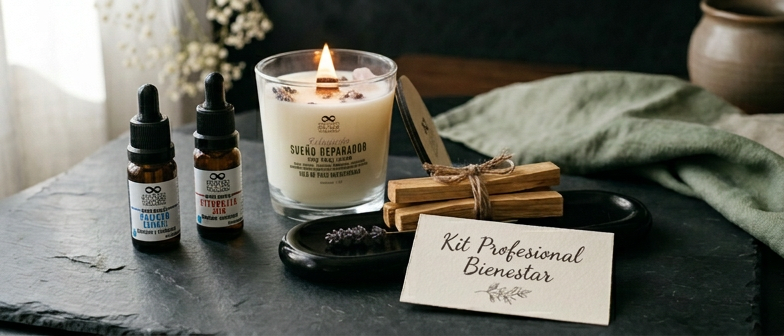 Kit profesional de bienestar Cuatro Cuatro: aceites esenciales de lavanda y eucalipto, vela de soya artesanal y palos de incienso palo santo para terapeutas.