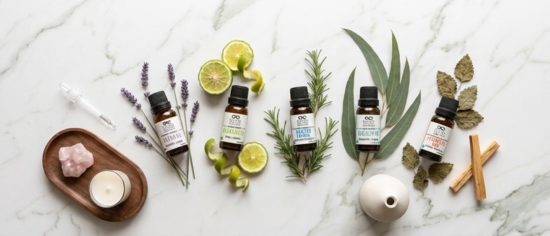 Selección de aceites esenciales para aromaterapia profesional: lavanda, bergamota, romero, eucalipto y patchuli en frascos ámbar con botanicals naturales.