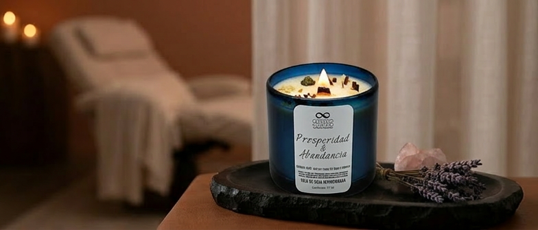 Vela de soya artesanal de Cuatro Cuatro encendida sobre soporte de obsidiana en un consultorio terapéutico minimalista con silla de terapia al fondo.