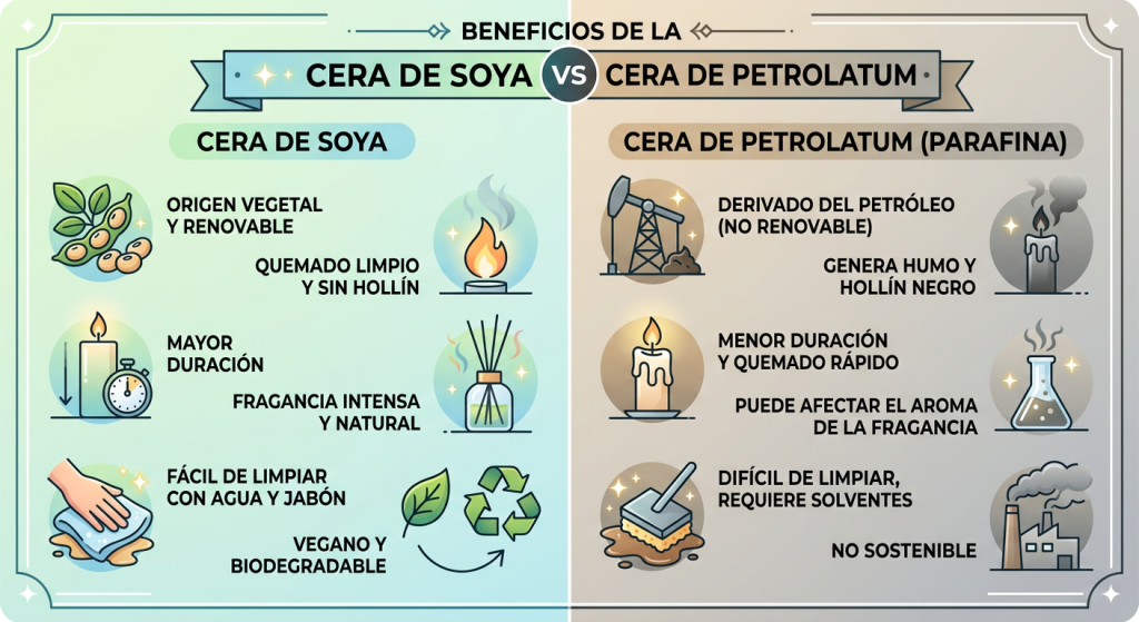 Comparativa entre una vela de soya artesanal y una vela de parafina, mostrando la diferencia en su quema y origen natural.