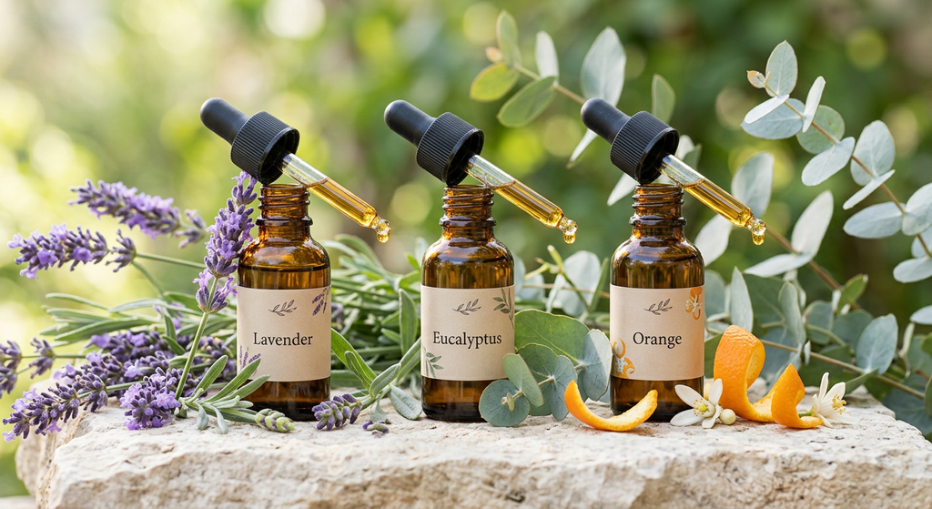 qué es la aromaterapia: aceites esenciales de lavanda, eucalipto y naranja