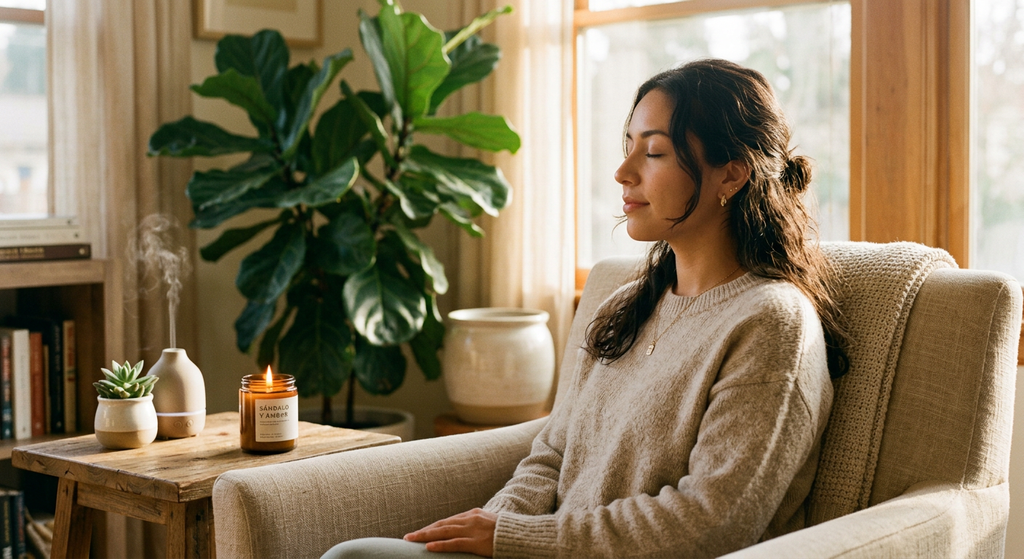 beneficios de la aromaterapia: mujer relajada respirando junto a una vela