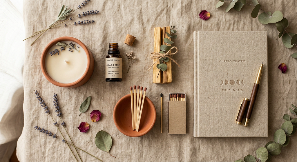ritual de aromaterapia en casa con vela, aceite esencial y palo santo